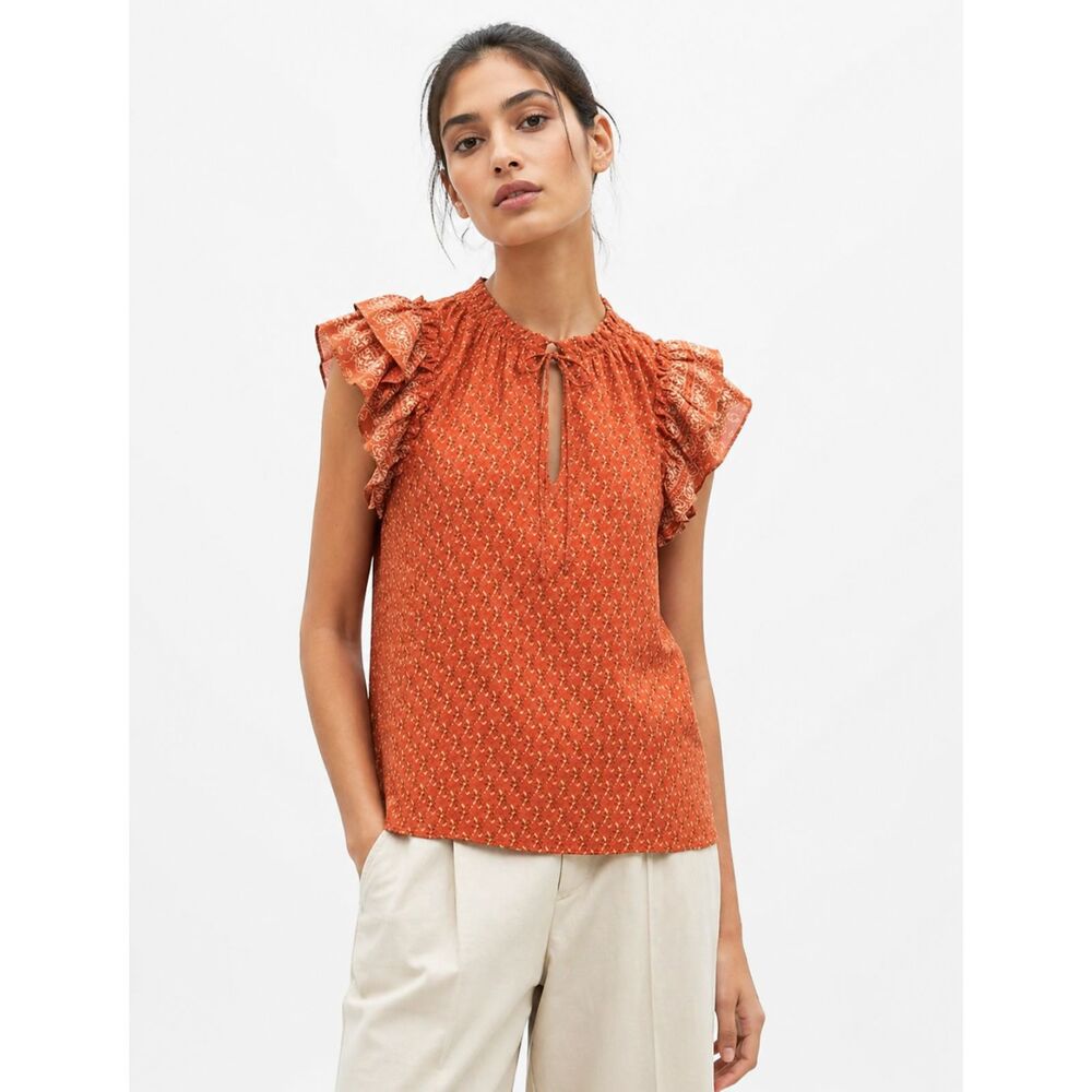 BCBG Paris Burnt Orange Ruffle Flutter Sleeve Keyhole Blouse Top Large Boho Chic